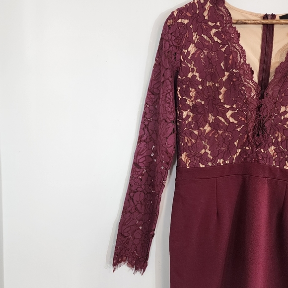 Lulu’s Swooner or Later burgundy long sleeve lace deep v neck bodycon dress SZ L - Picture 5 of 11